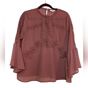 Umgee Boho Mauve Floral Embroidered Lace 3/4 Bell Sleeve Blouse Women's Size M